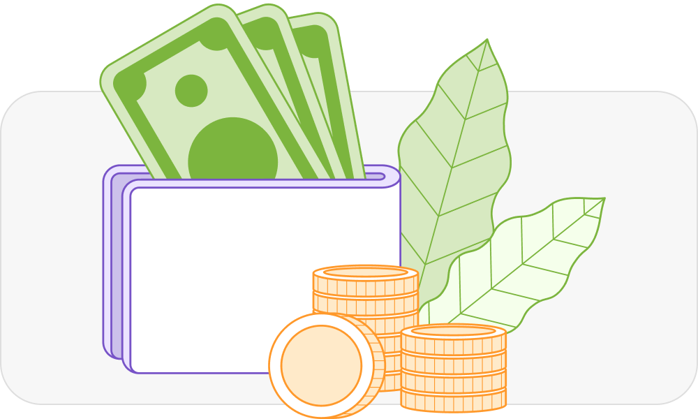 A purple wallet with paper money sticking out, coins stacked next to it and green leaves behind the coins